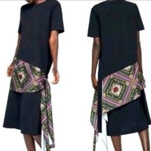 Zara Women’s Dress Black Knit Shirtdress Silk Hip Scarf Short Sleeve